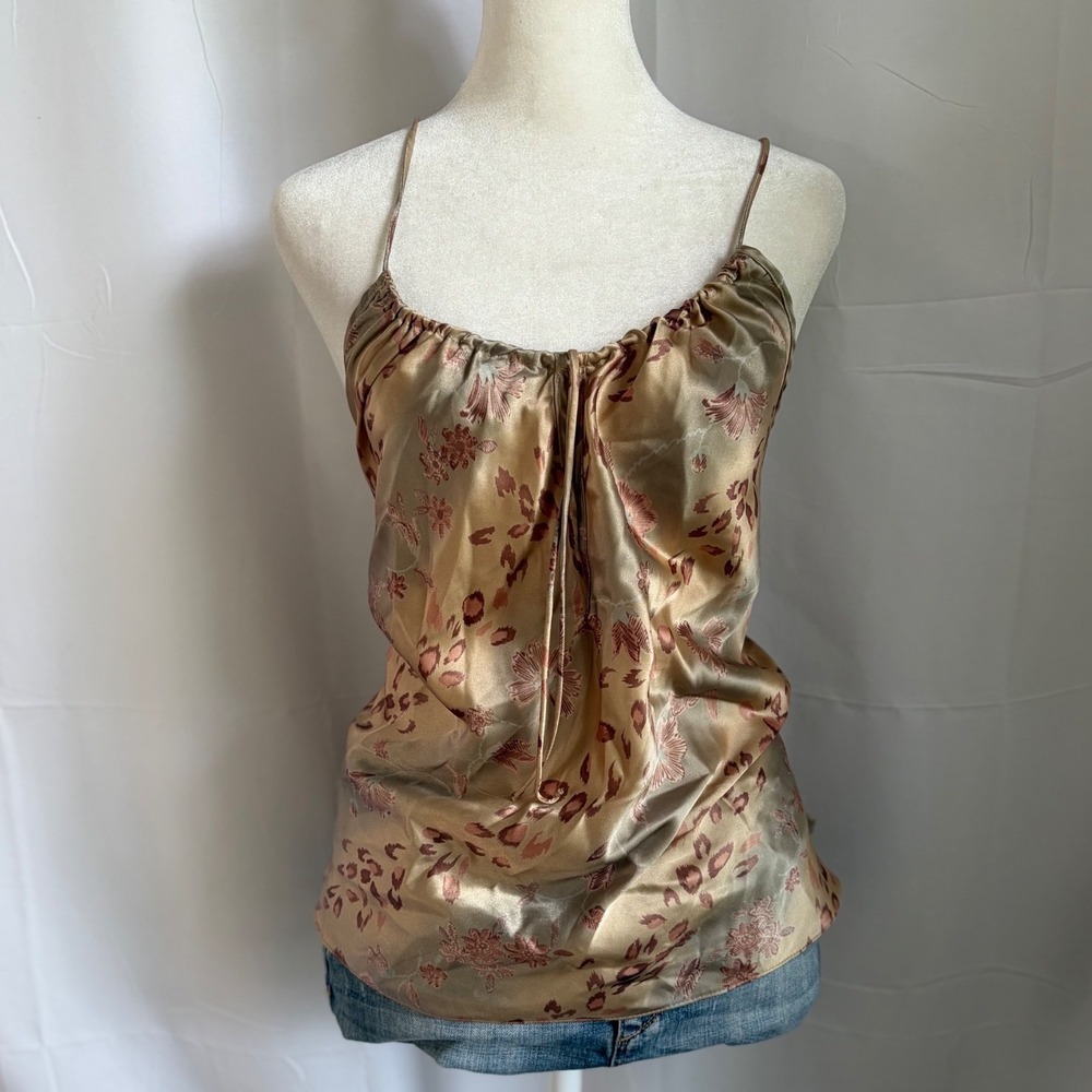 Boho Whimsical Vintage Satin Cami Top XL Gold Floral Leopard Print Spaghetti